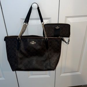Brown emblem Coach tote and matching zipper wallet.